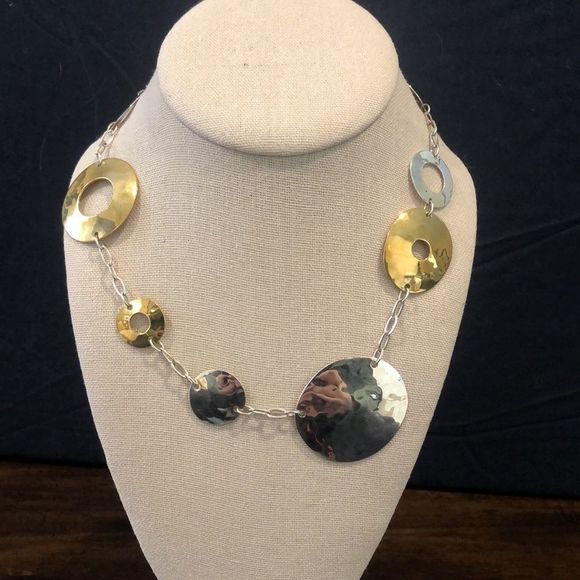 ROBERT LEE MORRIS Two Tone Hammered Sterling Silver Brass Modern Necklace - Picture 2 of 9